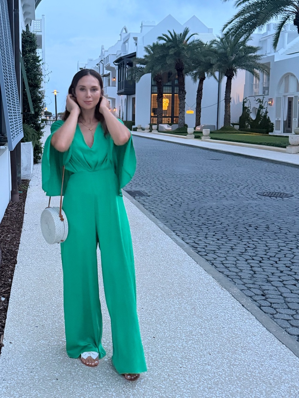 Tyche Emerald Green Wide-Leg Jumpsuit with Draped Sleeves